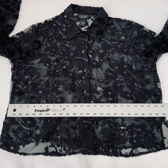 VTG Virgo Top Women 16 Black Velvet Burnout Sheer Sparkle Button Whimsygoth Goth - Picture 8 of 9